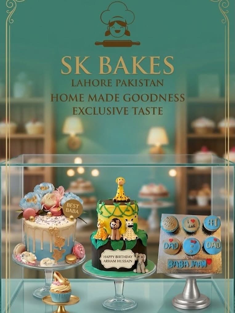 A supplied SK Bakes promotional collage showing several decorated cakes. This image is a portfolio overview, rather than one cake design.