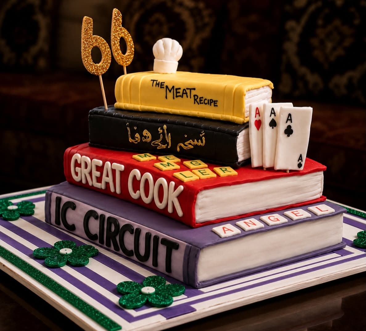 A custom cake shaped as stacked books, with gold number toppers and miniature decorative details.
